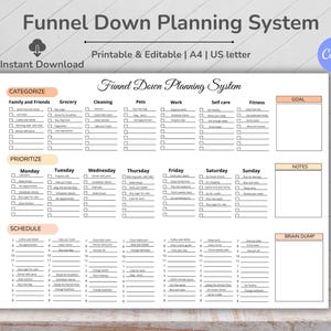 May include: A printable and editable Funnel Down Planning System on white paper. The planner includes sections for categorizing, prioritizing, and scheduling tasks. It features checkboxes and space for notes and goals. The design includes the text "Instant Download".