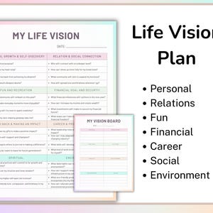 Puede incluir: Una hoja de trabajo imprimible de plan de visi&oacute;n de vida con secciones para el crecimiento personal, las relaciones, la diversi&oacute;n, las finanzas, la carrera, lo social y el medio ambiente. La hoja de trabajo incluye indicaciones y espacio para escribir. La hoja de trabajo est&aacute; sobre un fondo rosa y azul con un tablero de visi&oacute;n azul claro y verde.