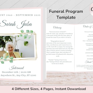 Könnte beinhalten: Trauerprogramm-Vorlage mit Foto von Sarah Juba, Daten und Service-Details. Das Design umfasst einen hellrosa Rand und goldene Akzente. Erhältlich in vier Größen und vier Seiten.
