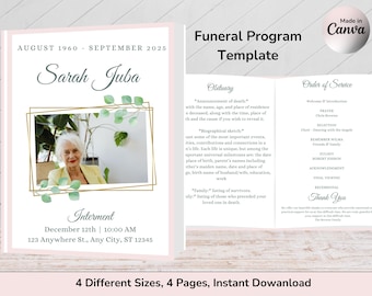 Plantilla de Canva para programa funerario editable, programa conmemorativo, celebración de la vida, homenaje a la vida, servicio conmemorativo editable, imprimible