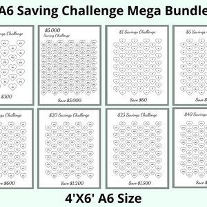 May include: A6 Saving Challenge Mega Bundle. Eight white A6 size savings challenge sheets with heart-shaped boxes. Each sheet has a different savings goal, ranging from $60 to $5,000. Text includes "30 Day Savings Challenge", "$5,000 Saving Challenge", and "4'X6' A6 Size".