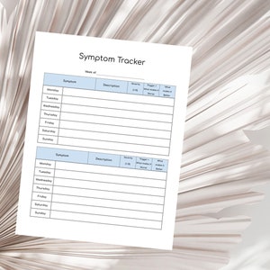 May include: A printable symptom tracker with two sections for tracking symptoms by day of the week. Each section includes columns for symptom, description, severity, triggers, and what makes it better.
