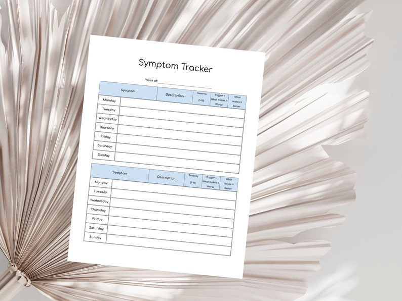 May include: A printable symptom tracker with two sections for tracking symptoms by day of the week. Each section includes columns for symptom, description, severity, triggers, and what makes it better.