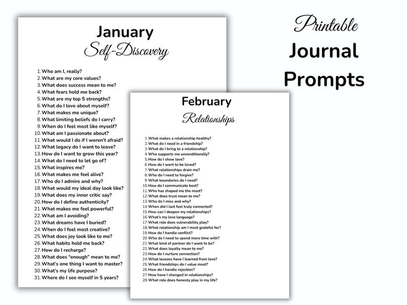 May include: Two white pages with journal prompts for self-discovery in January and relationships in February. The text "Printable Journal Prompts" is written in cursive. The January page lists 31 questions, and the February page lists 28 questions.