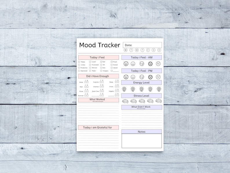 May include: A printable mood tracker with sections for daily feelings, energy levels, stress levels, what worked, what didn't work, and gratitude. The tracker also includes a section for notes.