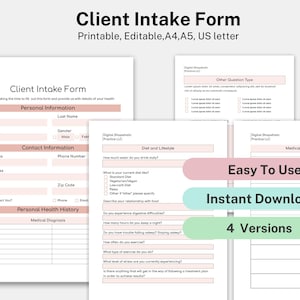 Op de afbeelding: Een printbaar intakeformulier voor klanten met secties voor persoonlijke informatie, contactgegevens, dieet en levensstijl, en medische diagnose. Het formulier is ontworpen voor gebruik door een medische professional of coach. Het formulier is beschikbaar in vier versies en is gemakkelijk te gebruiken. De tekst op het formulier luidt "Intakeformulier voor klanten", "Persoonlijke informatie", "Contactgegevens", "Dieet en levensstijl", "Medische diagnose", "Andere vraagtype", "Gemakkelijk te gebruiken", "Direct downloaden", en "4 versies".