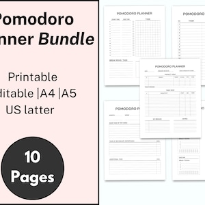 May include: A printable Pomodoro Planner Bundle with 10 pages. The bundle includes various planner templates for time management and productivity. The templates are editable and can be printed in A4 or A5 sizes.