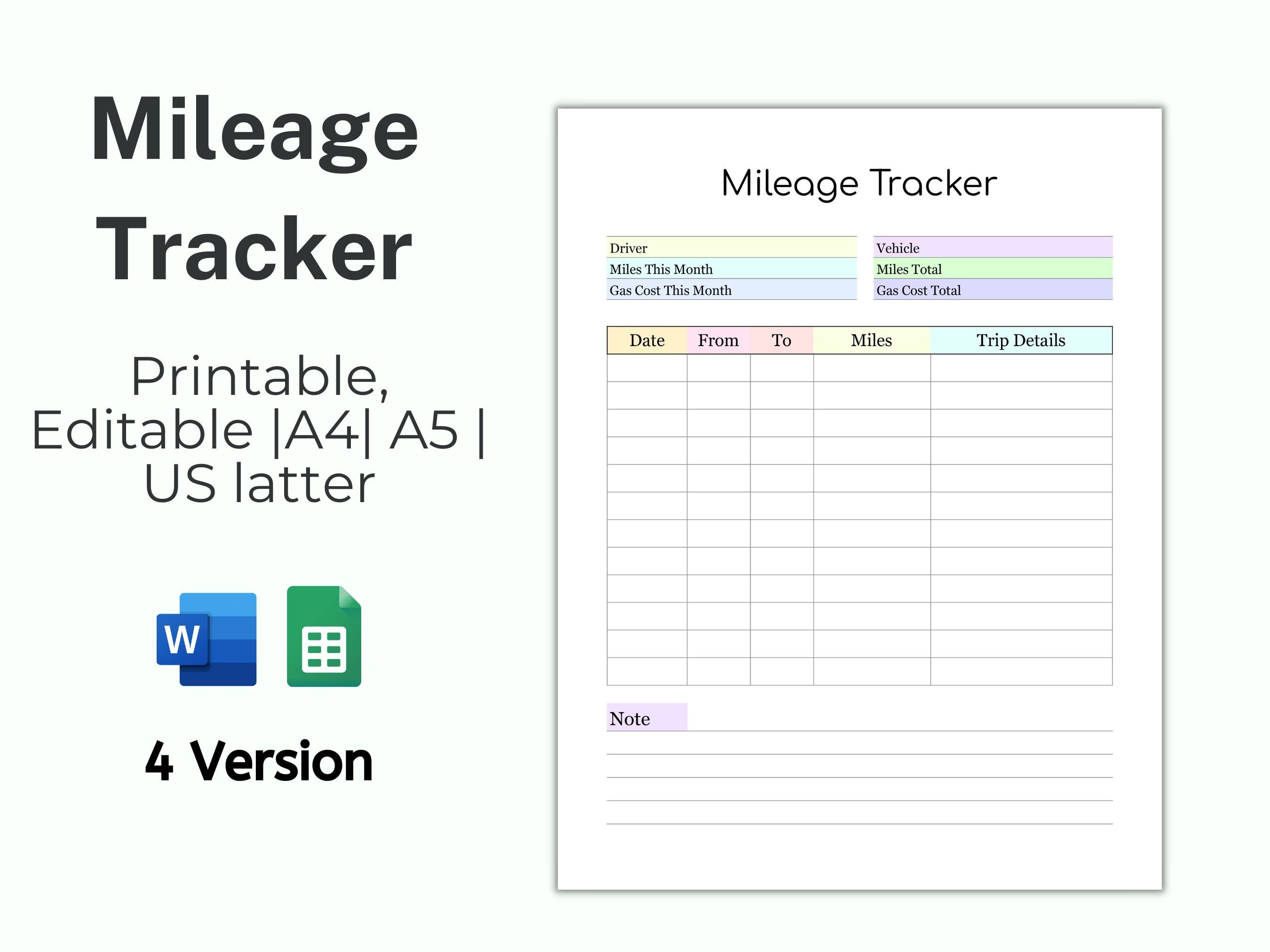Printable Mileage Tracker, Mileage Log, Work Trip Miles Tracker ...