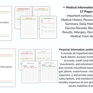 Pu&ograve; includere: Un organizzatore di informazioni mediche e finanziarie con pagine per tenere traccia della storia medica, dei farmaci giornalieri e dei dettagli finanziari. Include sezioni per contatti importanti, riepiloghi medici e monitoraggio delle spese.