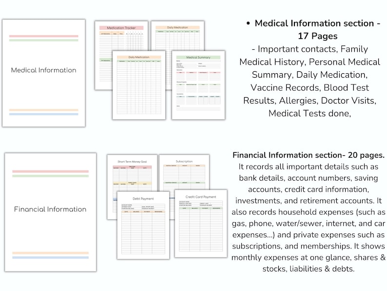 Pu&ograve; includere: Un organizzatore di informazioni mediche e finanziarie con pagine per tenere traccia della storia medica, dei farmaci giornalieri e dei dettagli finanziari. Include sezioni per contatti importanti, riepiloghi medici e monitoraggio delle spese.