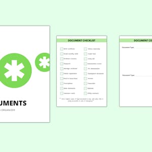 May include: A green checklist with a white background and the title "DOCUMENT CHECKLIST". The checklist includes items such as birth certificate, social security cards, driver's license, passports, marriage certificate, vehicle registration, deed to house/land, prescriptions, bank statements, insurance cards, vehicle ownership, credit card, living will, immunization record, pet immunization, employment documents, arrests, transcripts, diplomas, and utility contracts. The checklist also includes a section for document copy with the text "Document Type".