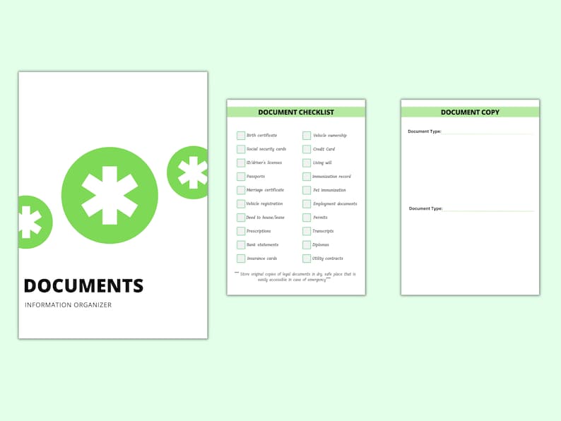 May include: A green checklist with a white background and the title "DOCUMENT CHECKLIST". The checklist includes items such as birth certificate, social security cards, driver's license, passports, marriage certificate, vehicle registration, deed to house/land, prescriptions, bank statements, insurance cards, vehicle ownership, credit card, living will, immunization record, pet immunization, employment documents, arrests, transcripts, diplomas, and utility contracts. The checklist also includes a section for document copy with the text "Document Type".