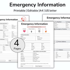 Emergency Information Sheet, Emergency Binder, Child Information, Emergency Contact Information, Personal Info, Medical Binder, Printable