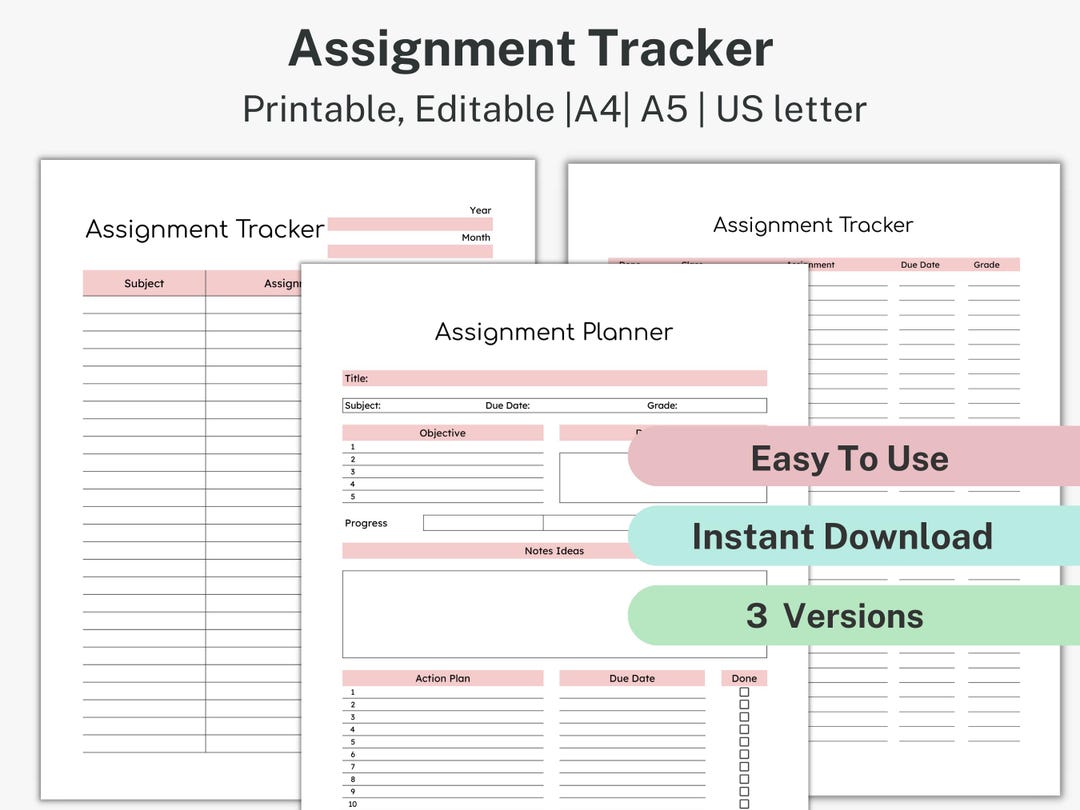 EDITABLE Assignment Tracker, ADHD Student Assignment Planner Printable ...