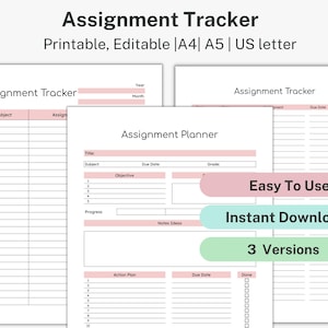 EDITABLE Assignment Tracker, ADHD Student Assignment Planner Printable, Grade Tracker, Homework Tracker, School College Log Planner, School