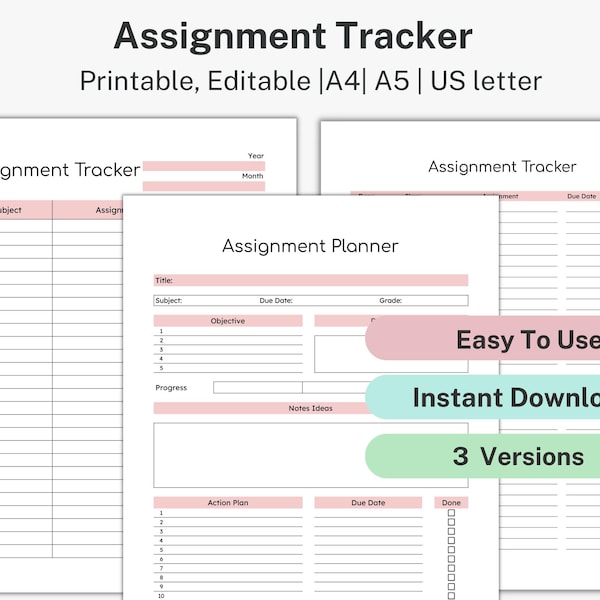 EDITABLE Assignment Tracker, ADHD Student Assignment Planner Printable, Grade Tracker, Homework Tracker, School College Log Planner, School