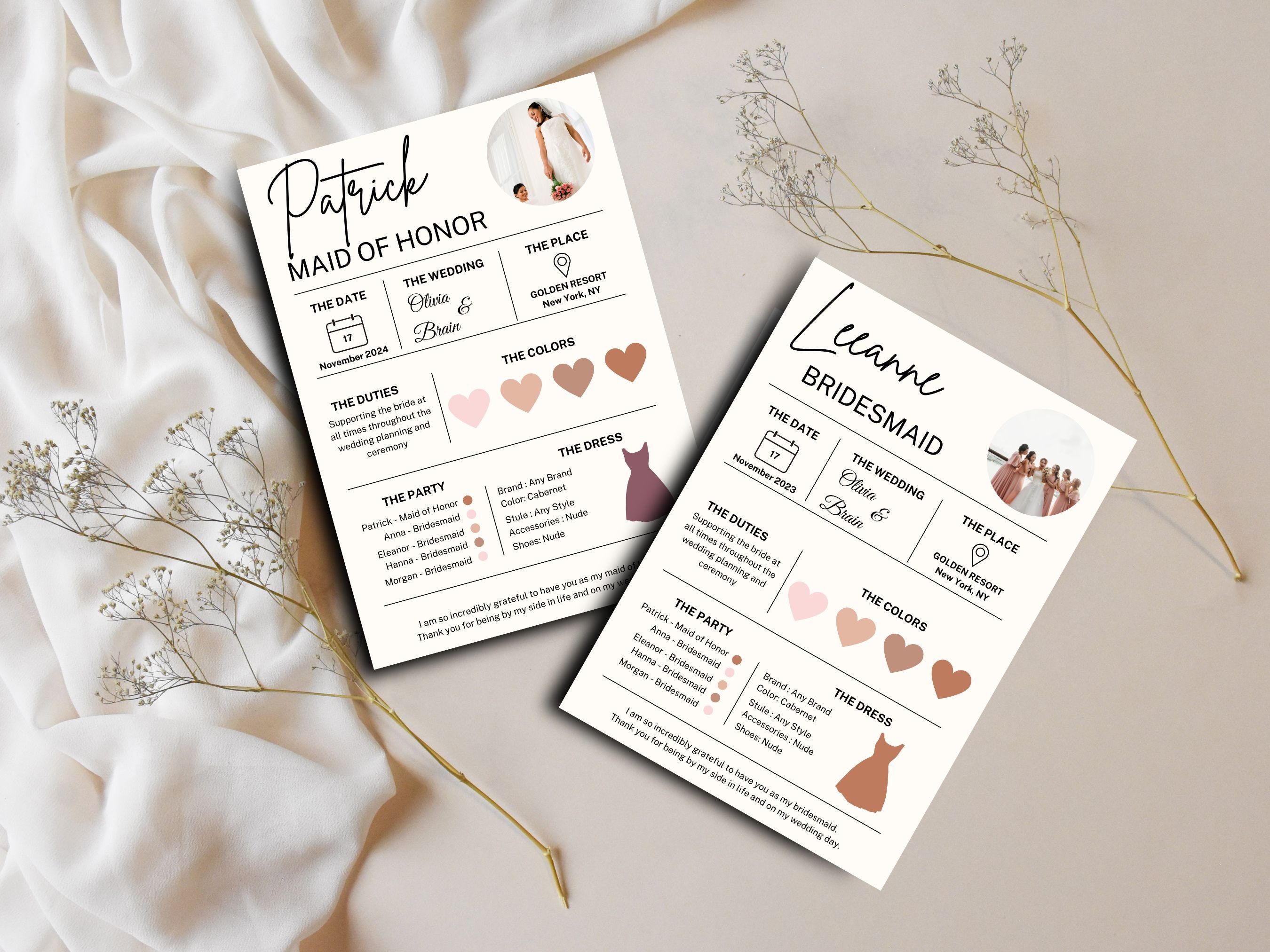 BRIDESMAIDS Info Card Template Editable, Printable Canva Template, Bridesmaid Groomsman Template, Bridesmaid Infographic, Bridal Party Info