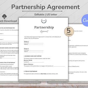 Editable Partnership Agreement Template, Partnership Contract, Business Partner Agreement, Legal Templates, Business Partnership Template