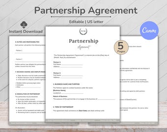 Editable Partnership Agreement Template, Partnership Contract, Business Partner Agreement, Legal Templates, Business Partnership Template