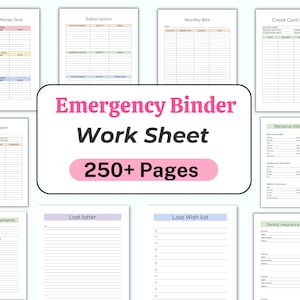 Puede incluir: Un cuaderno de trabajo de carpeta de emergencia imprimible con más de 250 páginas. Las páginas están organizadas en categorías como objetivos financieros a corto plazo, suscripciones, facturas mensuales, pagos con tarjeta de crédito, pagos de deudas, arreglos funerarios, cartas perdidas, lista de deseos final, información personal e información de seguro dental.