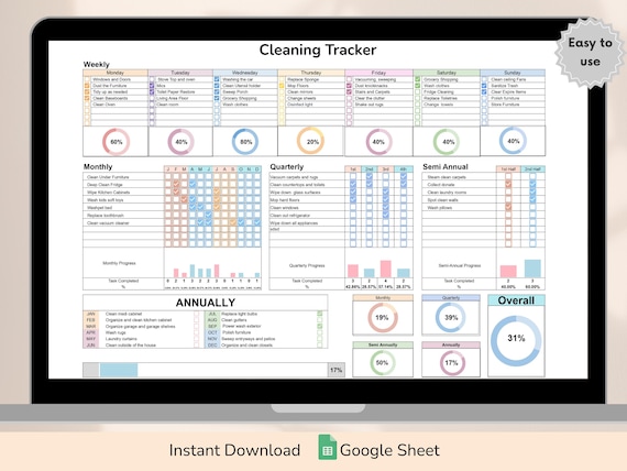 Cleaning Checklist Spreadsheet For Google Sheet, Cleaning Schedule, Weekly Cleaning Tracker, ADHD Cleaning Planner, Flylady Cleaning Tracker