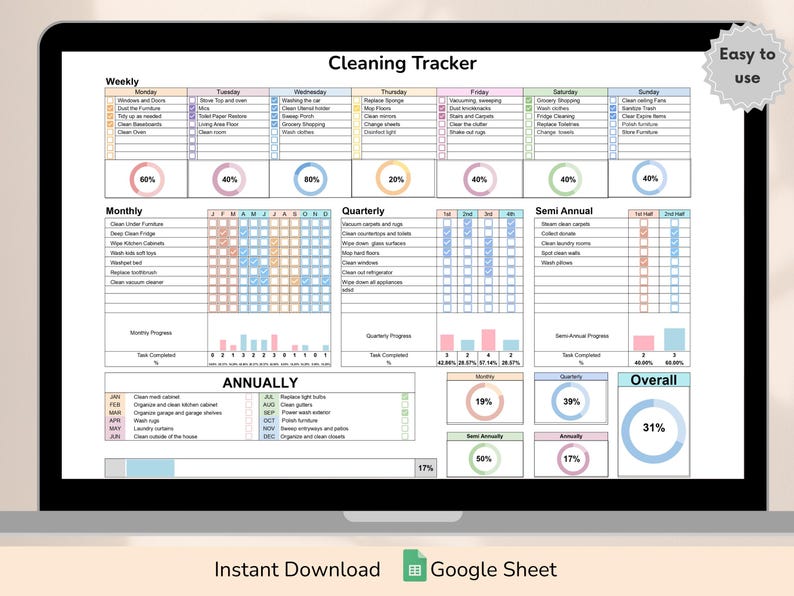May include: A digital cleaning tracker with a colorful design. The tracker includes sections for weekly, monthly, quarterly, semi-annual, and annual cleaning tasks. Each section has a checklist and a progress bar to track completion. The tracker also includes a progress circle for each time period, showing the overall percentage of tasks completed. The tracker is labeled "Cleaning Tracker" and "Easy to use".