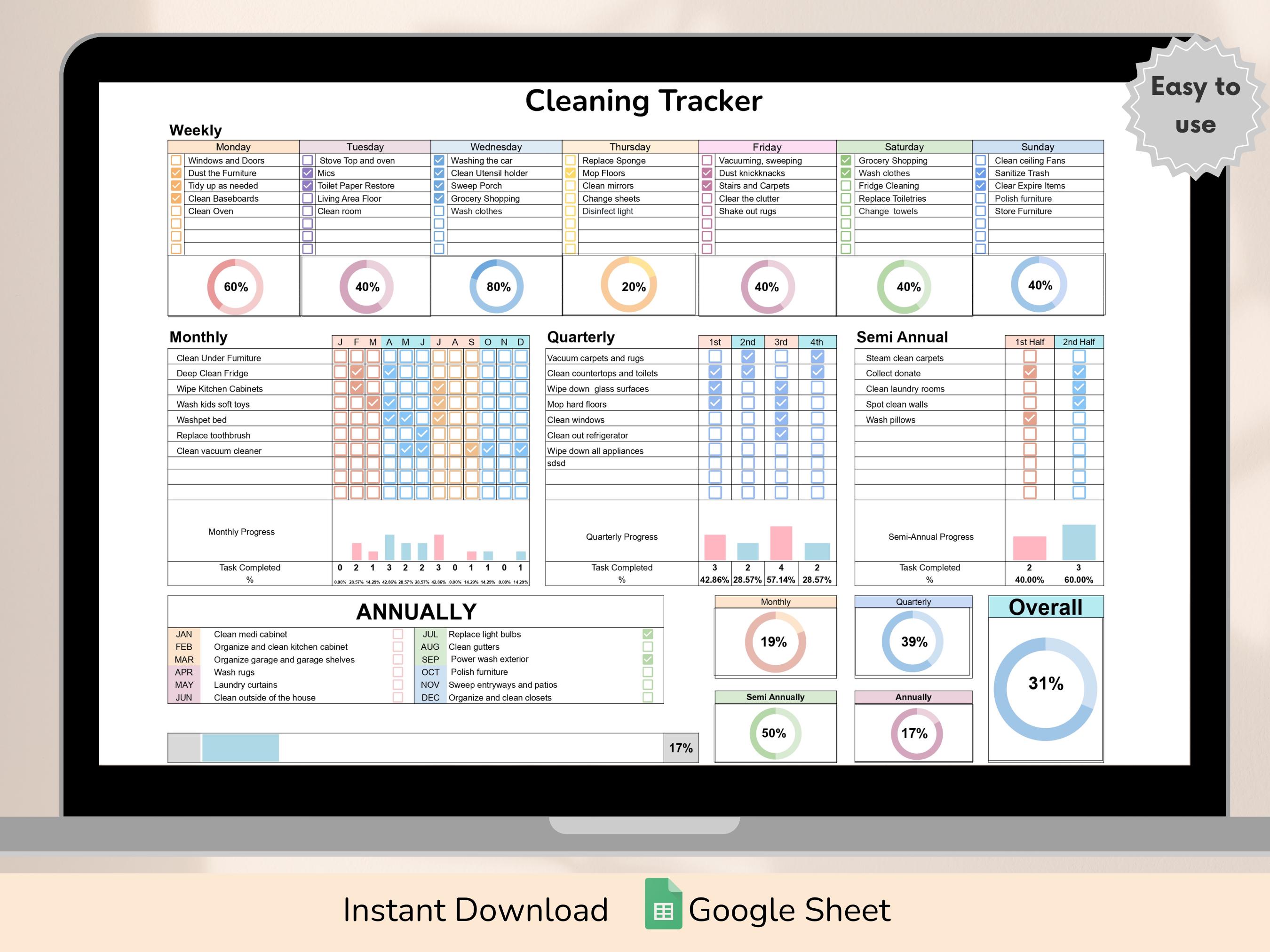 Cleaning Checklist Spreadsheet for Google Sheet, Cleaning Schedule ...