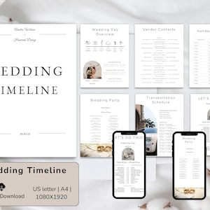 May include: A wedding timeline template with a minimalist design. The main document features the text "WEDDING TIMELINE" in a bold font. Additional pages include a wedding day overview, vendor contacts, and a transportation schedule. Two smartphones display the wedding timeline.