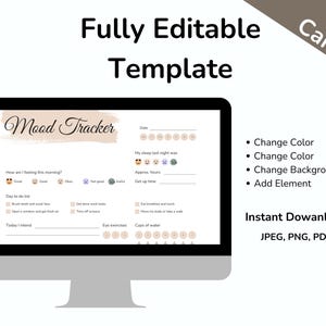 May include: A computer monitor displays a mood tracker template. The template includes sections for mood, sleep, and daily tasks. Text on the screen reads "Fully Editable Template" and "Mood Tracker". Additional text indicates the template is customizable.