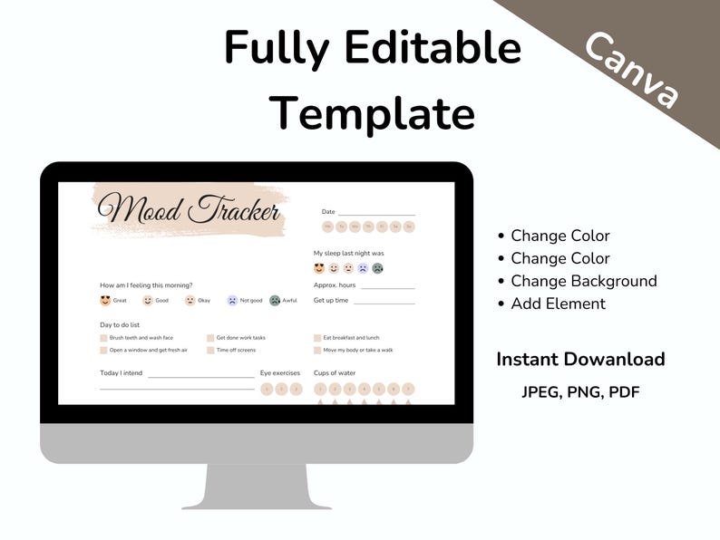 May include: A computer monitor displays a mood tracker template. The template includes sections for mood, sleep, and daily tasks. Text on the screen reads "Fully Editable Template" and "Mood Tracker". Additional text indicates the template is customizable.