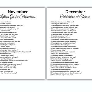 May include: Two white pages with black text. The left page is titled "November Letting Go & Forgiveness" and lists questions about releasing and forgiving. The right page is titled "December Celebration & Closure" and lists questions about the year.