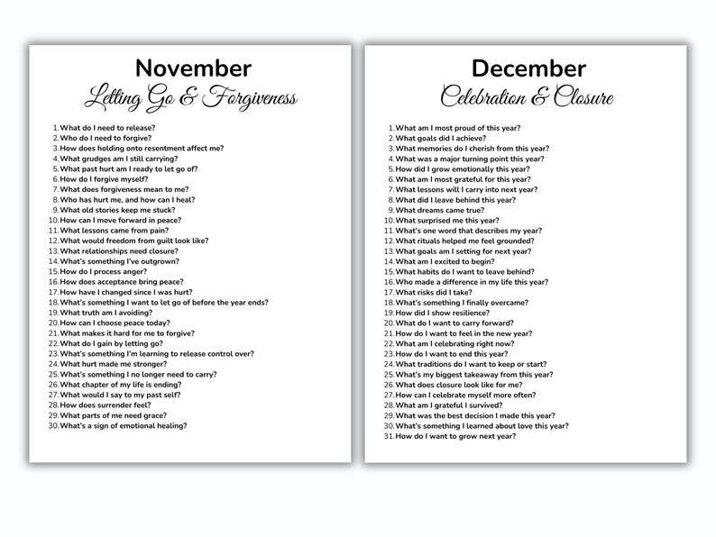 May include: Two white pages with black text. The left page is titled "November Letting Go & Forgiveness" and lists questions about releasing and forgiving. The right page is titled "December Celebration & Closure" and lists questions about the year.