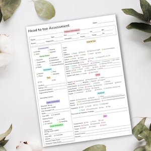 May include: A white "Head to toe Assessment" form with sections for patient information, consciousness, orientation, and physical examination details. The form includes checkboxes and lines for recording medical observations.