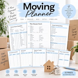 May include: A printable moving planner set with 53 pages in A4 format. The documents feature checklists for house hunting, moving day survival, bill and expense trackers, inventory logs, and change of address forms with blue headers and text.