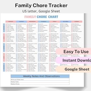 May include: A printable chore chart for families, designed for use with Google Sheets. The chart is divided into days of the week, with a list of chores for each day. The chart is color-coded with pink and blue, and includes a section for weekly notes and observations.