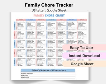 May include: A printable chore chart for families, designed for use with Google Sheets. The chart is divided into days of the week, with a list of chores for each day. The chart is color-coded with pink and blue, and includes a section for weekly notes and observations.