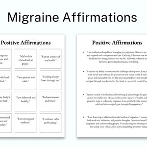 May include: A white sheet of paper with black text listing positive affirmations for managing migraines. The text is divided into two columns, with each column containing a list of affirmations. The affirmations are written in a simple, direct style and focus on themes of self-care, healing, and resilience.