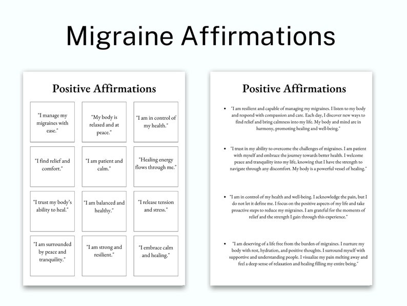 May include: A white sheet of paper with black text listing positive affirmations for managing migraines. The text is divided into two columns, with each column containing a list of affirmations. The affirmations are written in a simple, direct style and focus on themes of self-care, healing, and resilience.