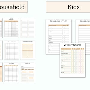 May include: Printable checklist pages for household and kids. The household pages include refrigerator inventory, freezer inventory, first aid kit, donations, weekly schedule, and guest list. The kids pages include school supply lists and a weekly chores chart.