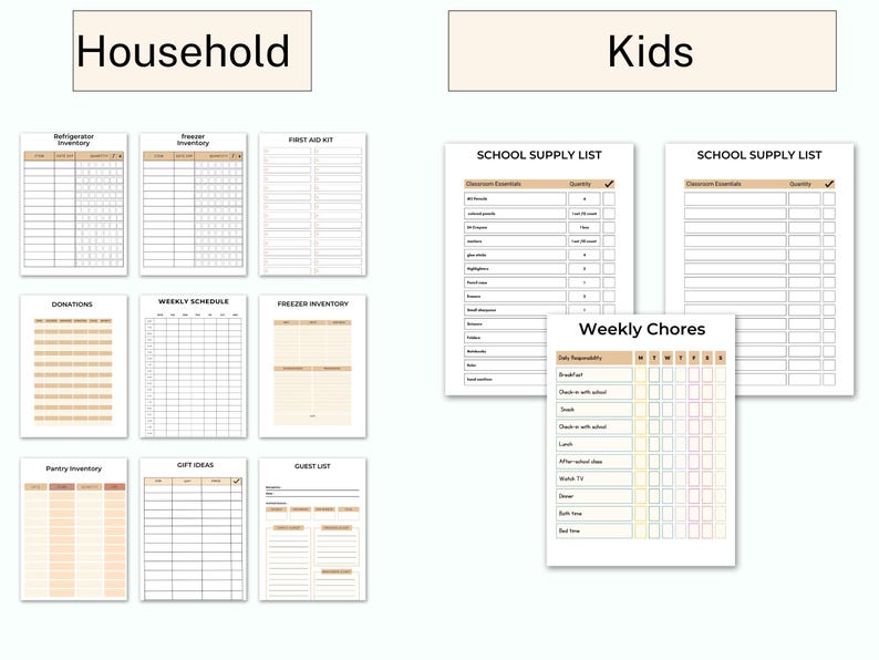 May include: Printable checklist pages for household and kids. The household pages include refrigerator inventory, freezer inventory, first aid kit, donations, weekly schedule, and guest list. The kids pages include school supply lists and a weekly chores chart.