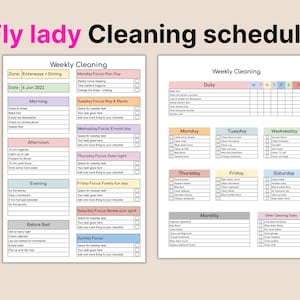 Afdrukbaar Fly Lady-schema, bewerkbaar schoonmaakschema, wekelijkse maandelijkse schoonmaakplanner, checklist dieptereiniging, zonereiniging, afdrukbaar
