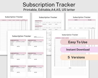 Subscription Tracker Printable 5 Pages, Membership Checklist, Expense Tracker, Budget Template, Subscription Checklist, Monthly subscription