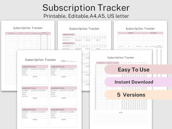 Subscription Tracker Printable 5 Pages, Membership Checklist, Expense Tracker, Budget Template, Subscription Checklist, Monthly subscription