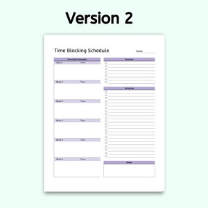 Puede incluir: Plantilla de programaci&oacute;n de bloqueo de tiempo imprimible con seis bloques de tiempo, una lista de tareas pendientes y una secci&oacute;n de notas. La plantilla tiene un esquema de color morado y blanco.