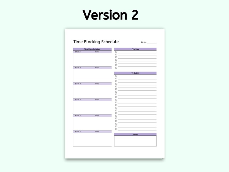 Puede incluir: Plantilla de programaci&oacute;n de bloqueo de tiempo imprimible con seis bloques de tiempo, una lista de tareas pendientes y una secci&oacute;n de notas. La plantilla tiene un esquema de color morado y blanco.