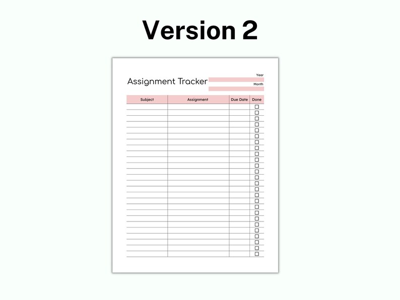 May include: A printable assignment tracker with columns for subject, assignment, due date, and a checkbox for done. The tracker has a pink header and is designed for students to keep track of their schoolwork.
