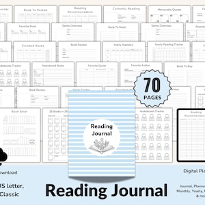 May include: A printable reading journal with 70 pages, featuring a blue and white striped cover with a book and flowers illustration. The journal includes pages for tracking books read, favorite authors, book reviews, and more.