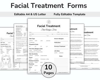Op de afbeelding: Een stapel witte papieren formulieren voor gezichtsbehandelingen. De formulieren bevatten secties voor huidanalyse, huidverzorgingsgeschiedenis en klantinformatie. De tekst "Facial Treatment Forms" staat bovenaan, met daaronder "Editable A4 & US Letter" en "Fully Editable Template". De formulieren zijn gelabeld met "10 Pages".
