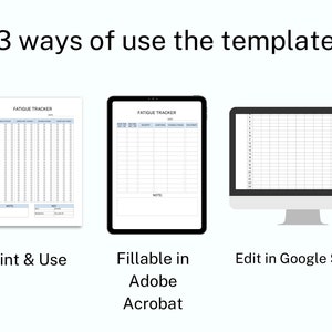 May include: A fatigue tracker template displayed in three formats: a printable document, a fillable Adobe Acrobat file, and a digital Google Sheet. The text reads 3 ways of use the template, Print & Use, Fillable in Adobe Acrobat, and Edit in Google Sheet.