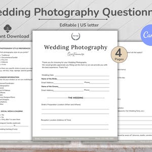 Wedding Photography Questionnaire, Wedding Photo List, Client Booking Form, Bride Questionnaire, Photographer Form, Client Guide, Printable